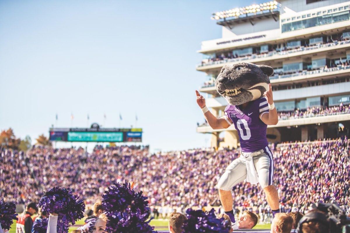 Pumping up the crowd, Willie the Wildcat prepares to do push-ups following a touchdown at the homecoming football game vs. Oklahoma on Oct. 26, 2019. Photo By Logan Wassall. 