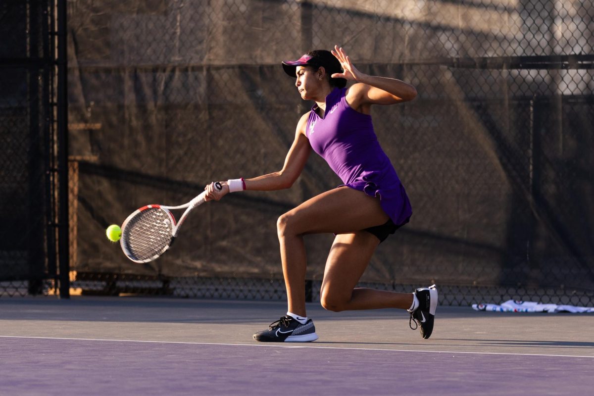 Sophomore Vanesa Suarez during the singles portion of the matches against Iowa State. K-State won the day with a 6-1 win over the Cyclones on March 1, 2024. Photo by Macey Franko.