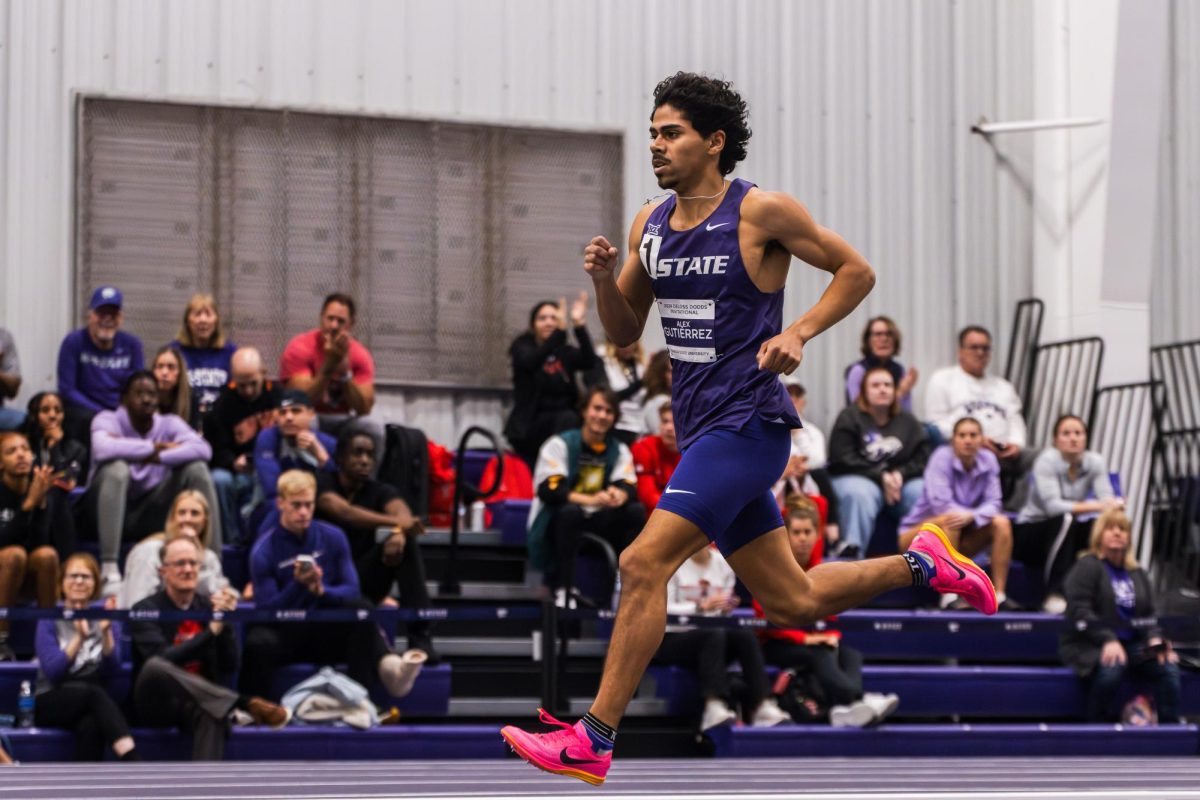 Junior Alex Gutierrez competes in the men's 1000-meter, finishing with a time of 2:27.02. The 2024 K-State DeLoss Dodds Invitational, on Feb 2-3, was the first meet to be held in the new indoor track and field facility. Photo by Avery Johnson.